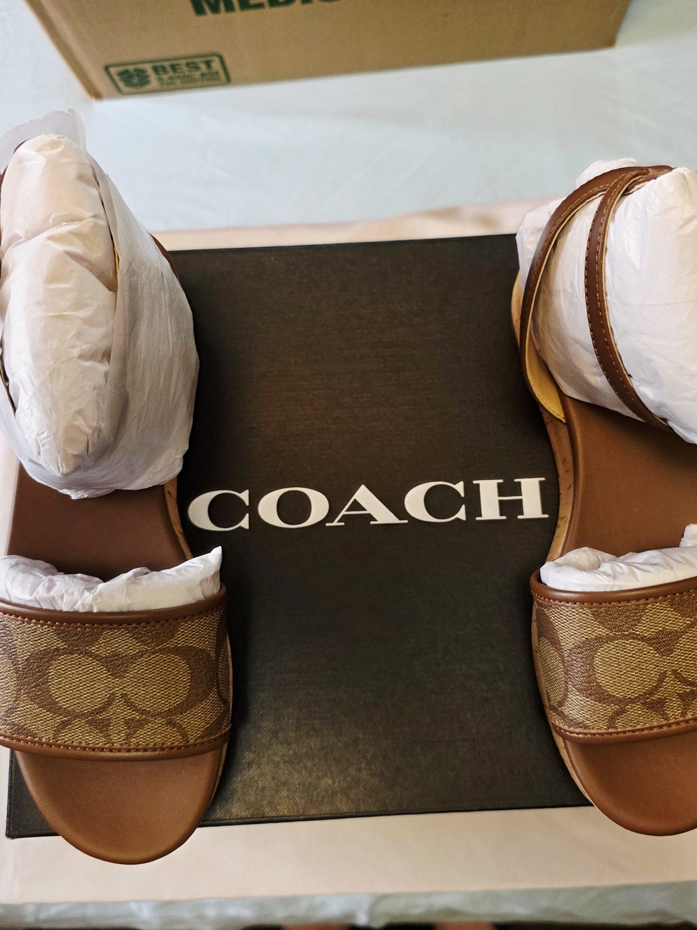 COACH Tullie Signature Jacquard Sandals In Saddle/Khaki Size 7B - Picture 12 of 13